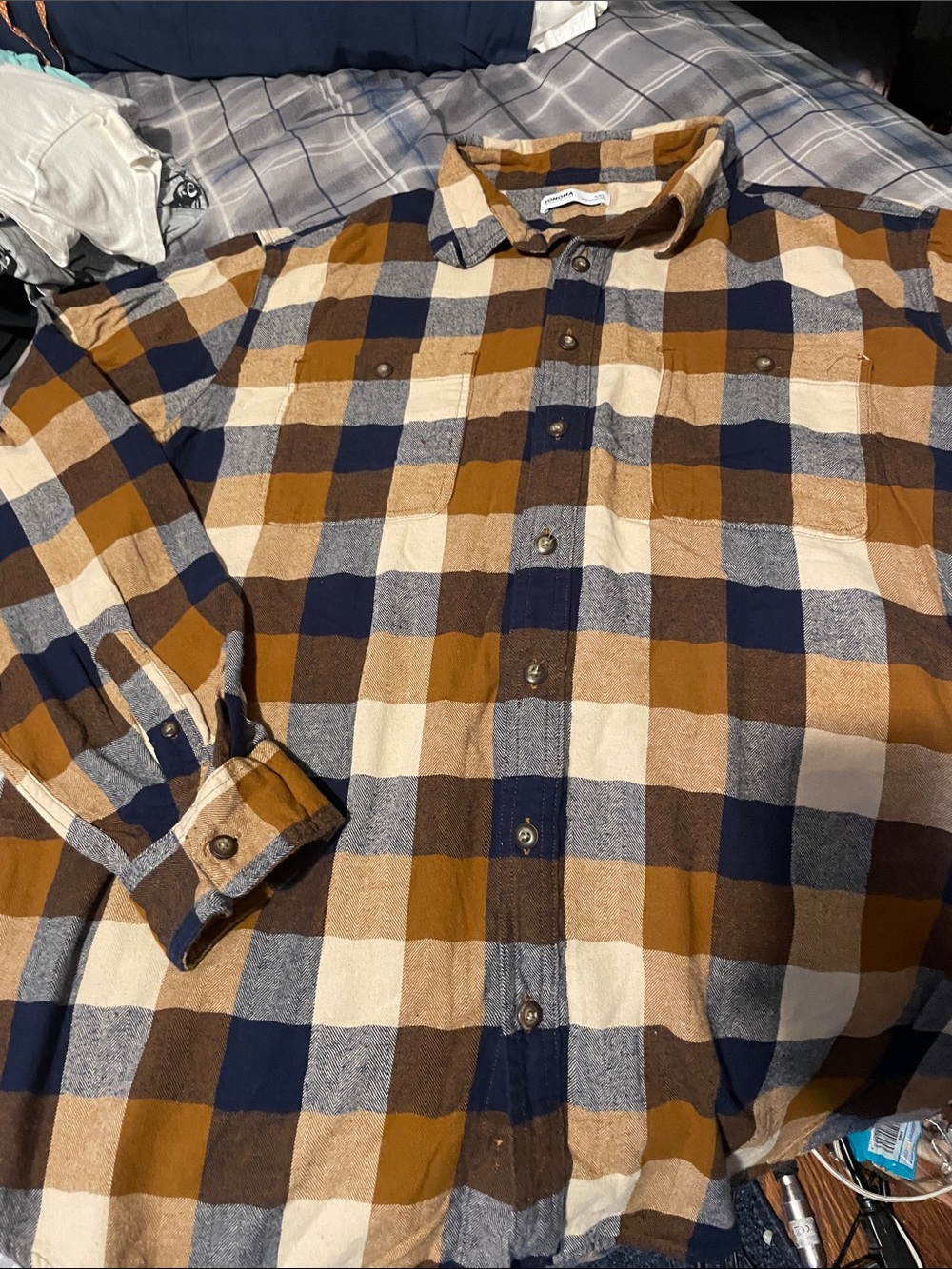 Sonoma Navy, Brown & Cream Plaid Button-Down Shirt